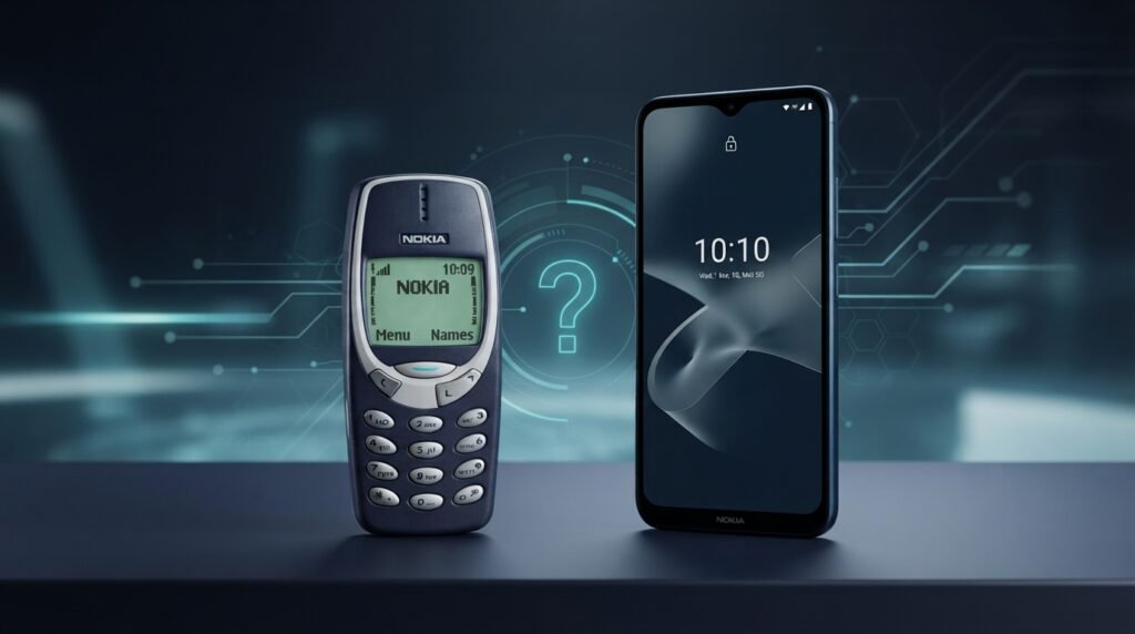 Does Nokia still make phones? A classic silver Nokia 3310 phone sits next to a modern black Nokia smartphone with a large display.