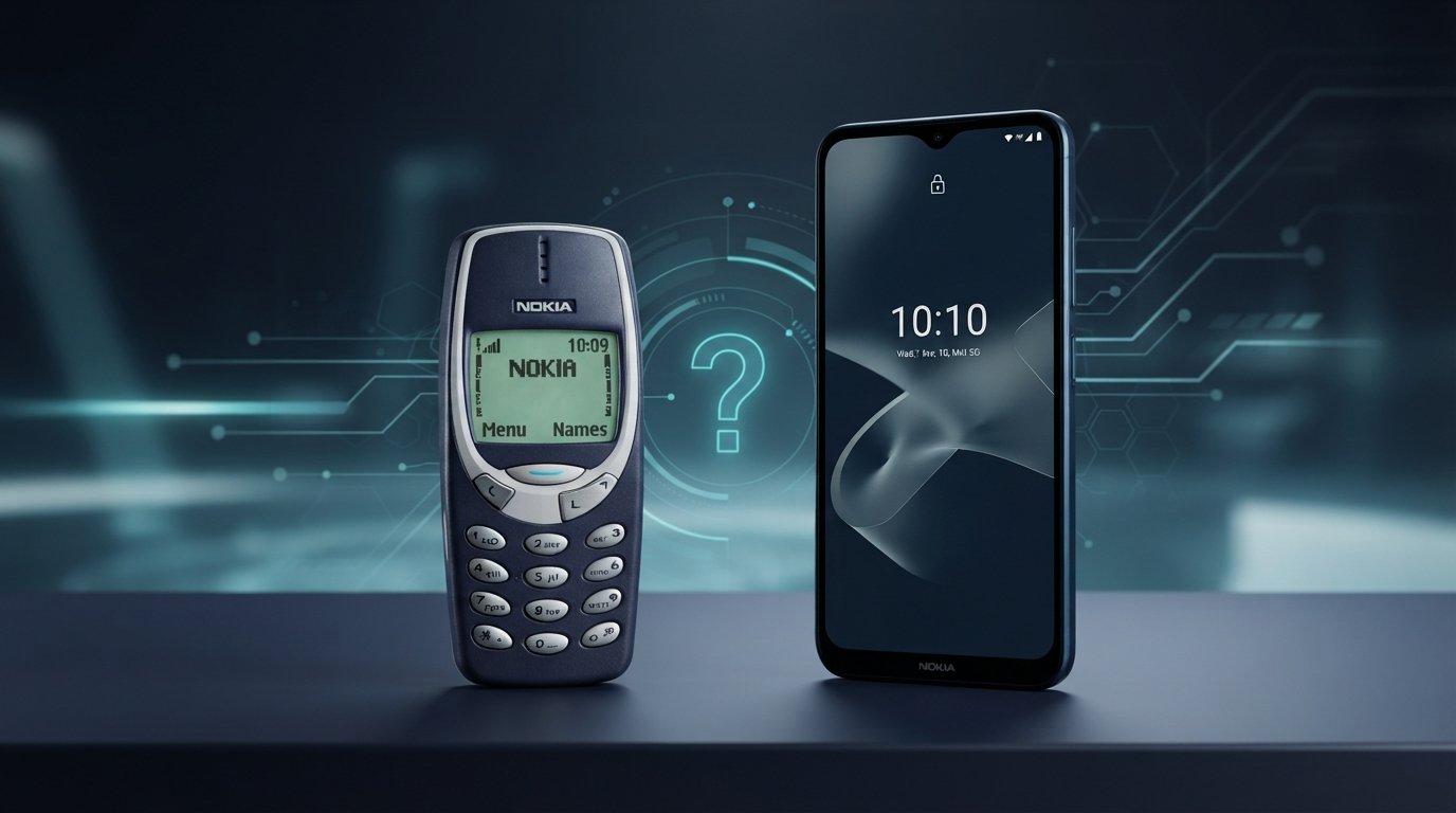 A classic silver Nokia 3310 phone sits next to a modern black Nokia smartphone with a large display.