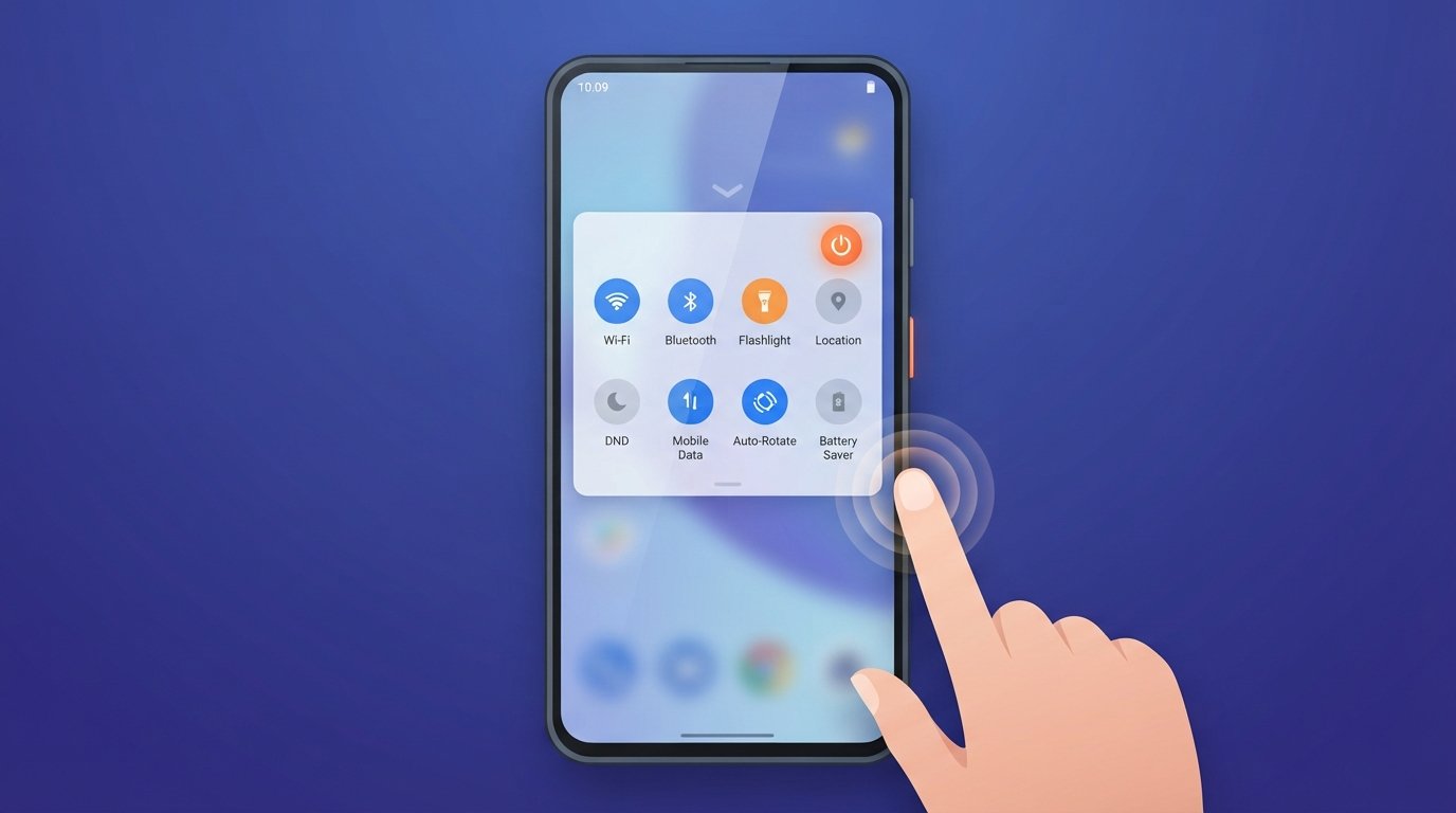 An Android smartphone displaying a quick settings menu on a blue background, with a hand tapping the screen.
