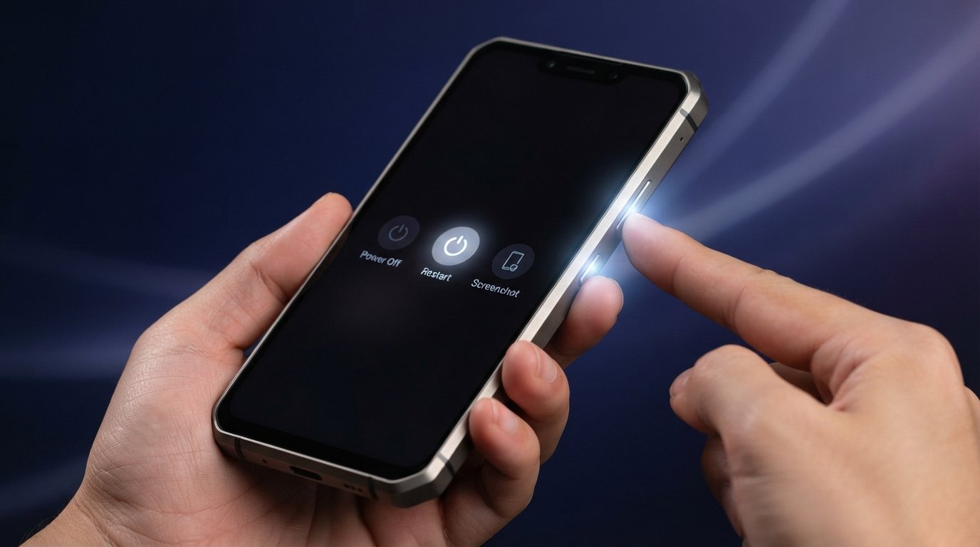 A close-up shot of hands holding a modern smartphone, displaying "Power Off," "Restart," and "Screenshot" options on its screen