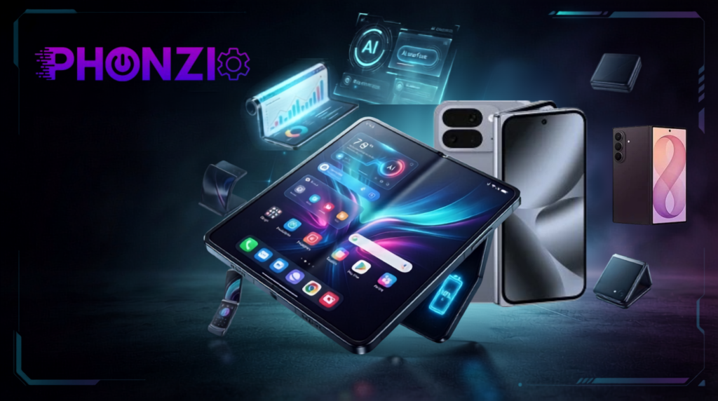 Foldables Are About to Get a Major Upgrade — Here’s What’s Coming Futuristic foldable smartphones displayed under glowing neon lights next to an AI holographic interface and a tech logo.