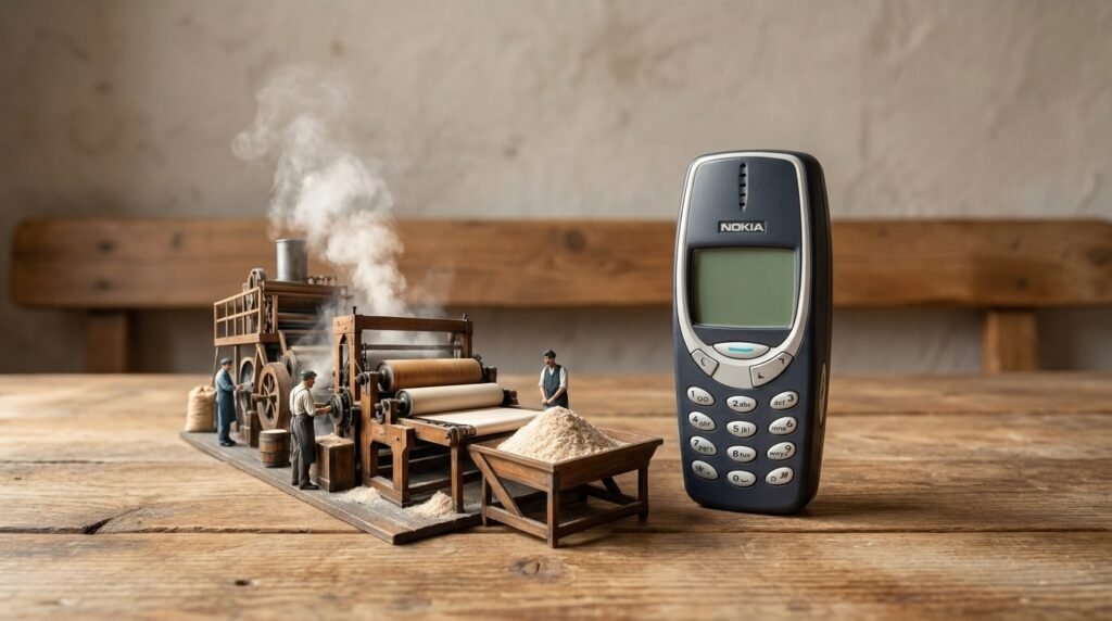 A miniature factory model sits next to a classic Nokia 3310 phone on a wooden tabletop.