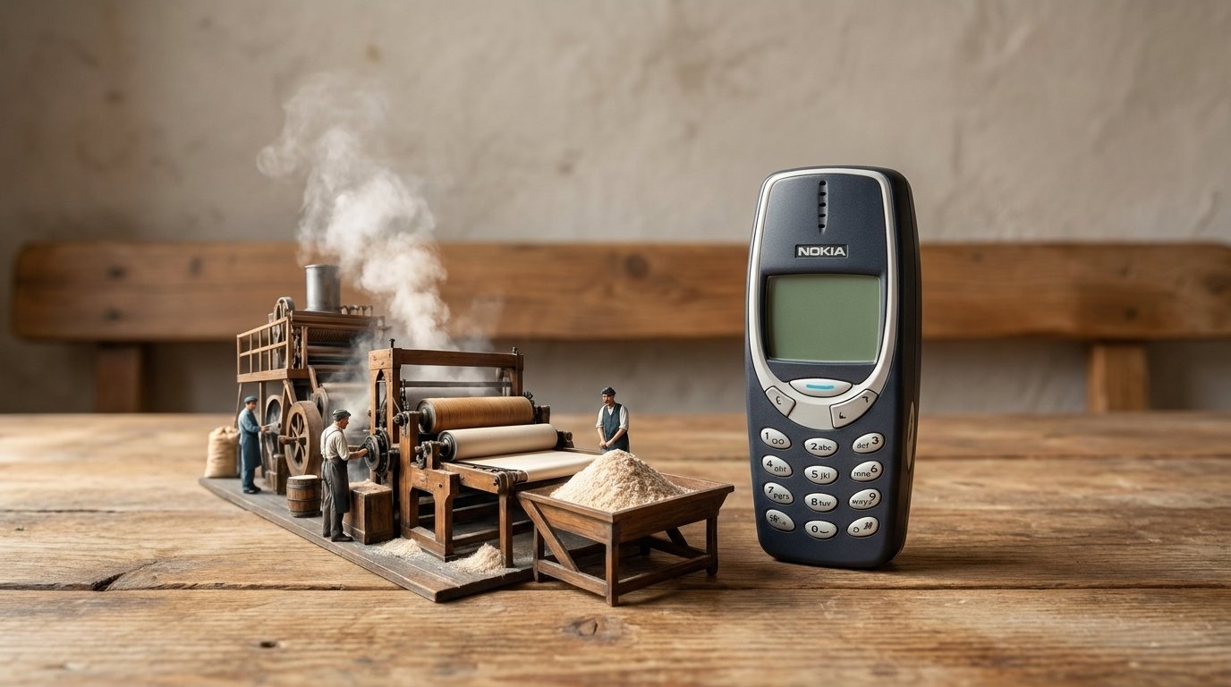 A miniature factory model sits next to a classic Nokia 3310 phone on a wooden tabletop.