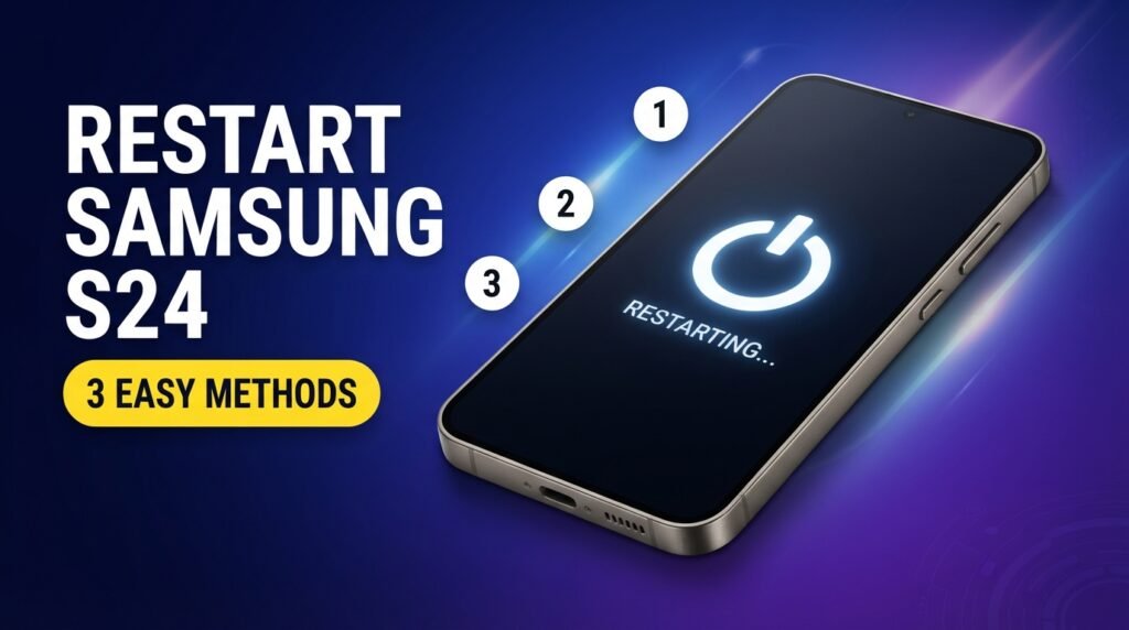 How to Restart Samsung S24: 3 Easy Methods A phone showing a restart screen next to the text "RESTART SAMSUNG S24 3 EASY METHODS"