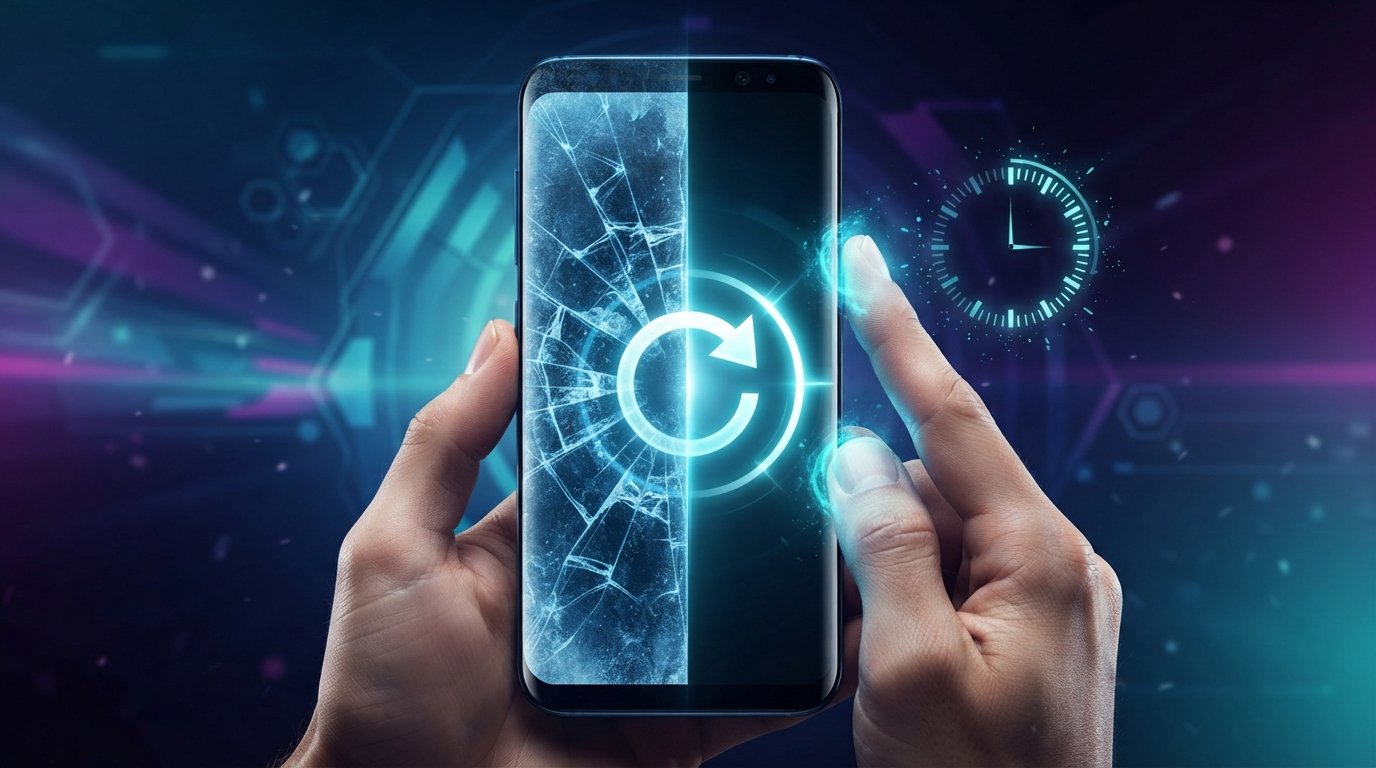 A pair of hands holding a smartphone that visually transitions from a shattered screen to a restored screen.