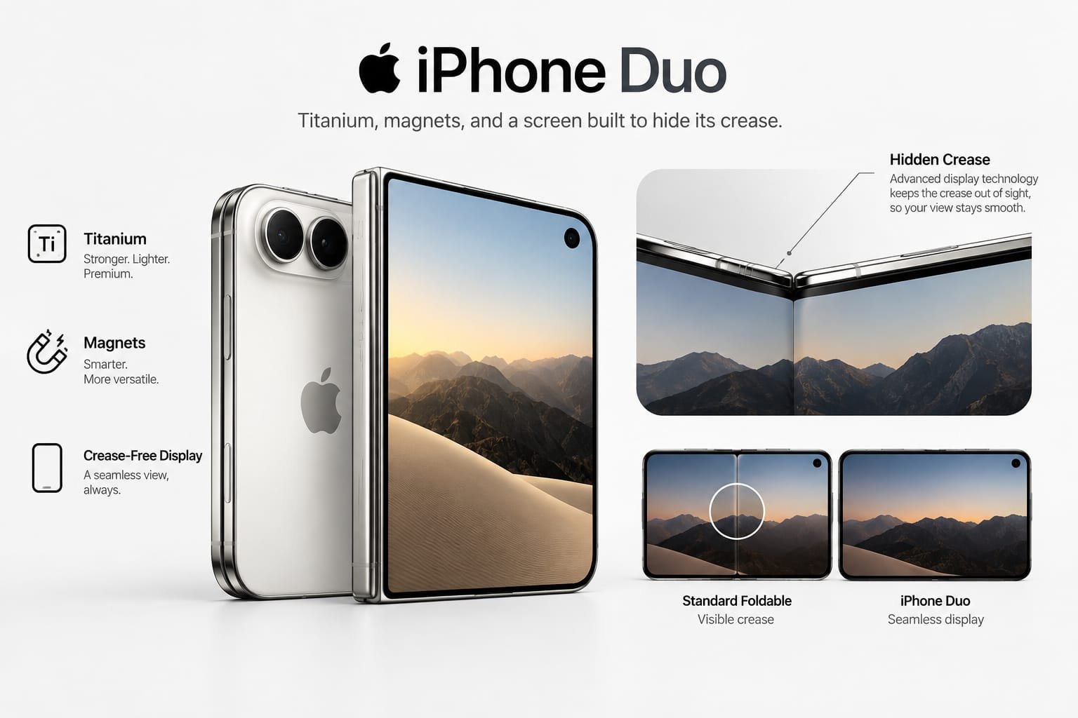 An infographic concept for the "iPhone Duo," a foldable phone made of titanium, featuring a crease-free display