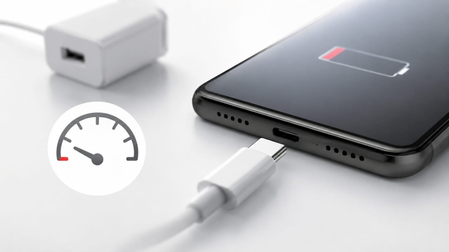 A smartphone with a low battery icon lies next to a disconnected charger and speedometer graphic.
