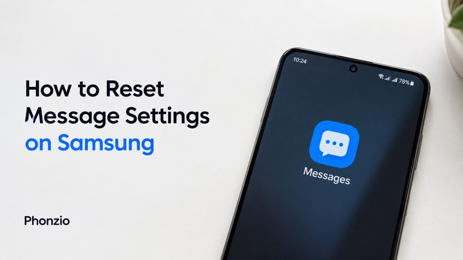 A Samsung smartphone lies angled on a clean, white surface, showcasing the blue Samsung Messages app icon prominently on its screen.