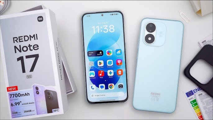 Redmi Note 17 Unboxing – box, front display, and blue back panel