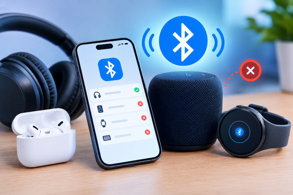 A smartphone managing Bluetooth connections surrounded by wireless earbuds, over-ear headphones, a smart speaker, and a smartwatch on a wooden desk.