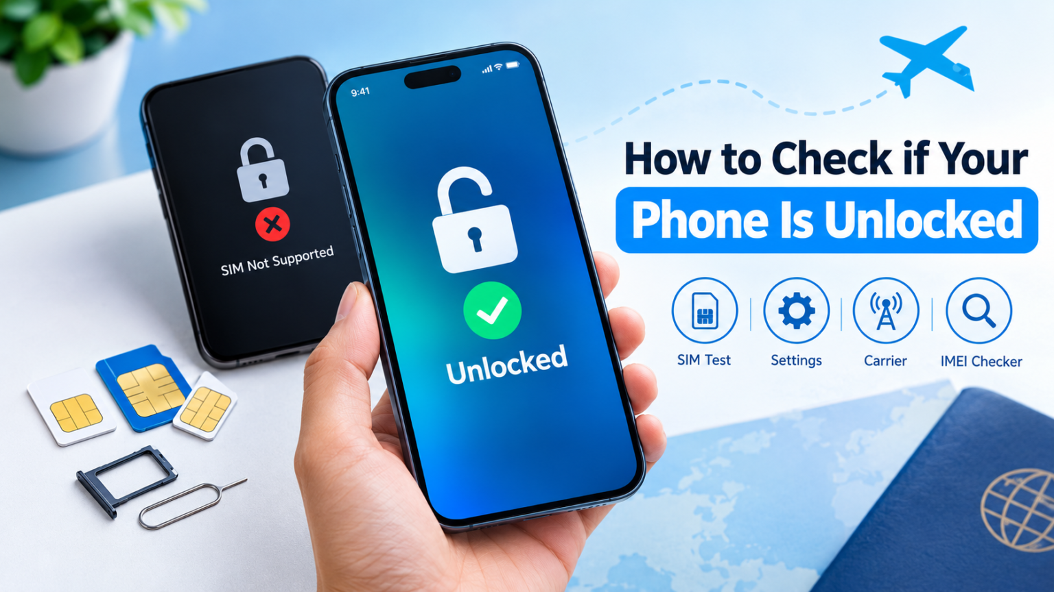How to Check if Your Phone Is Unlocked A hand holding an unlocked smartphone next to a locked phone, SIM cards, and a passport, showing how to check network status.