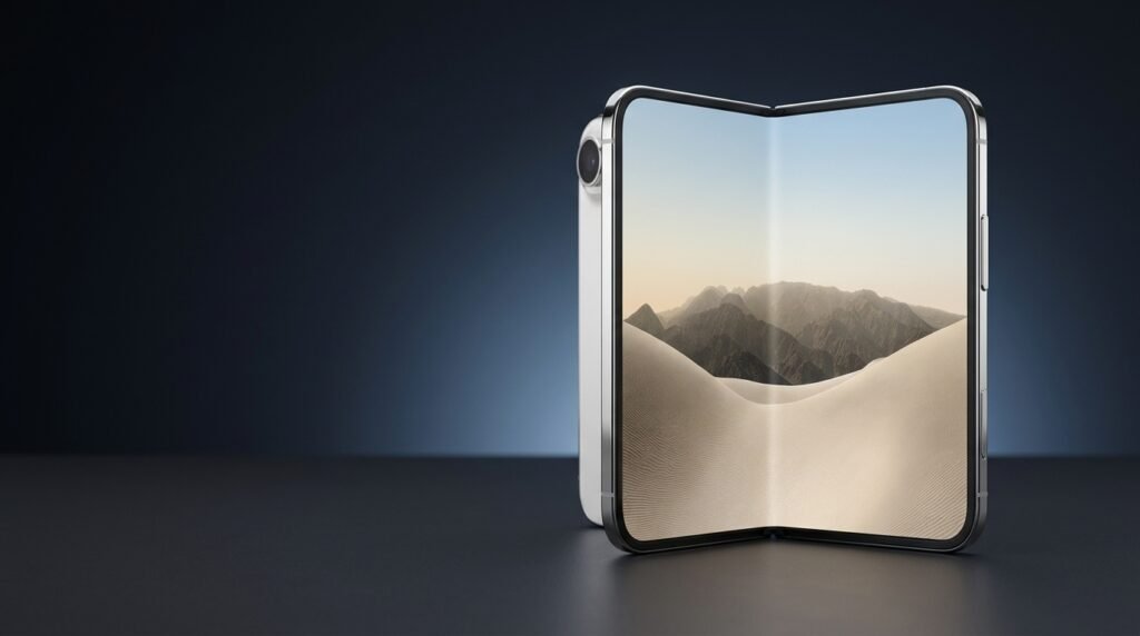 iPhone Duo Review: Is Apple’s First Foldable iPhone Worth Buying? iPhone Duo foldable phone half-open, showing its large inner display and compact outer screen