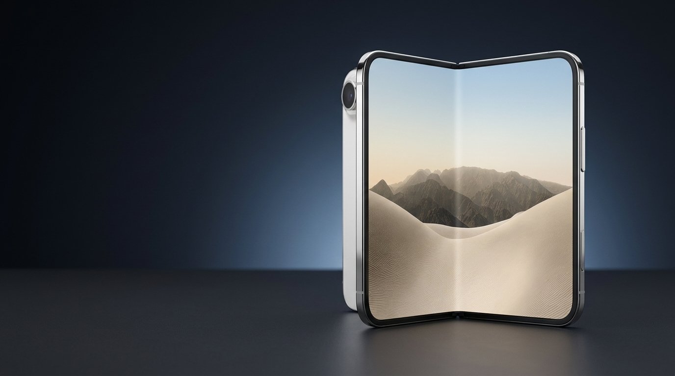 iPhone Duo foldable phone half-open, showing its large inner display and compact outer screen