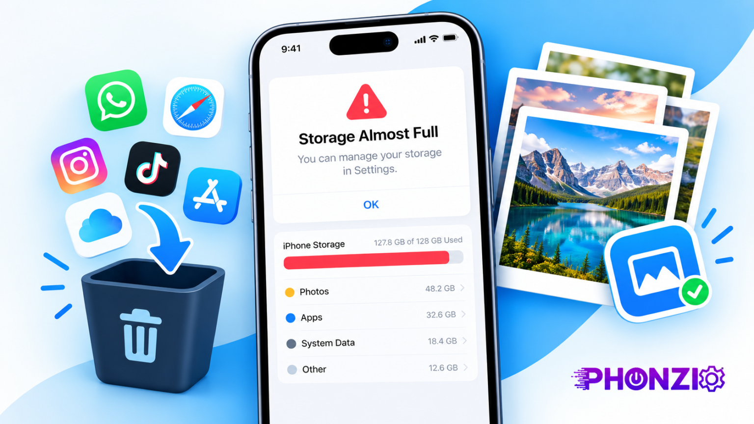 How to Free Up Storage Without Deleting Photos Free up storage without deleting photos: iPhone showing a Storage Almost Full warning next to a trash can and locked photos