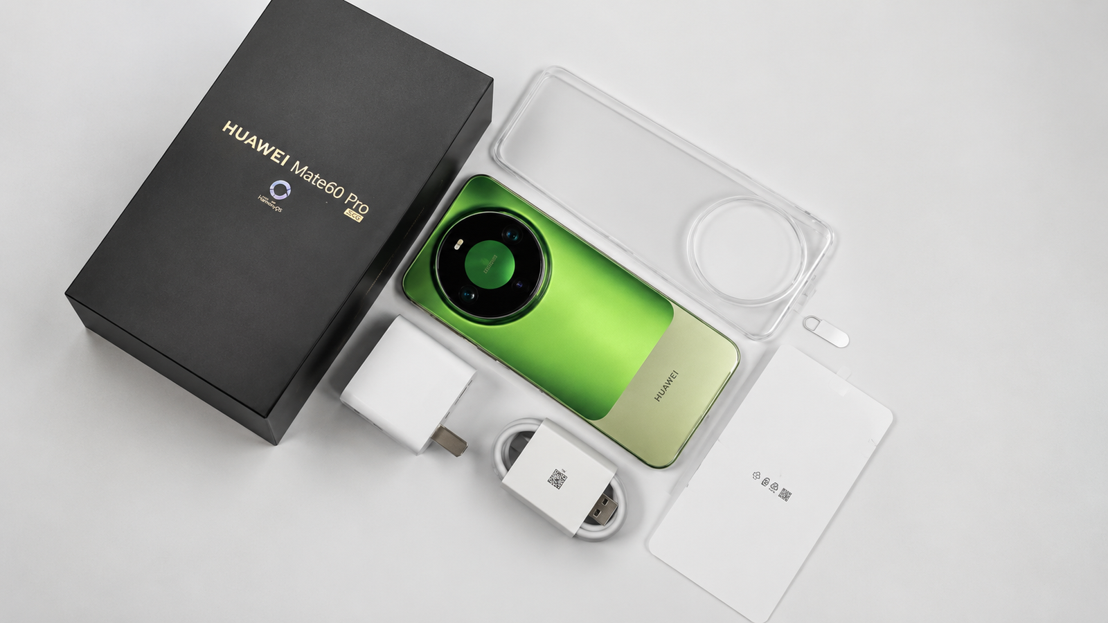 Green smartphone with a large circular camera, charger, and accessories on a white surface.