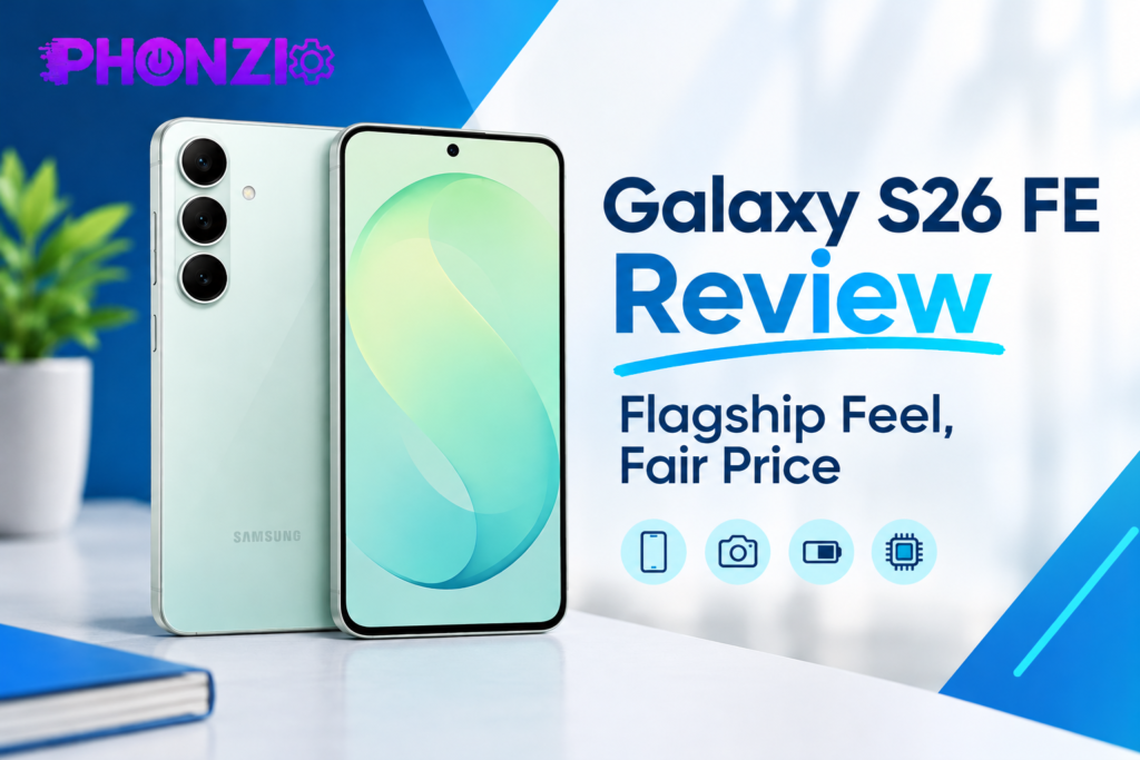 A Galaxy S26 FE review video thumbnail showcasing a mint green smartphone standing upright next to sharp blue graphics.