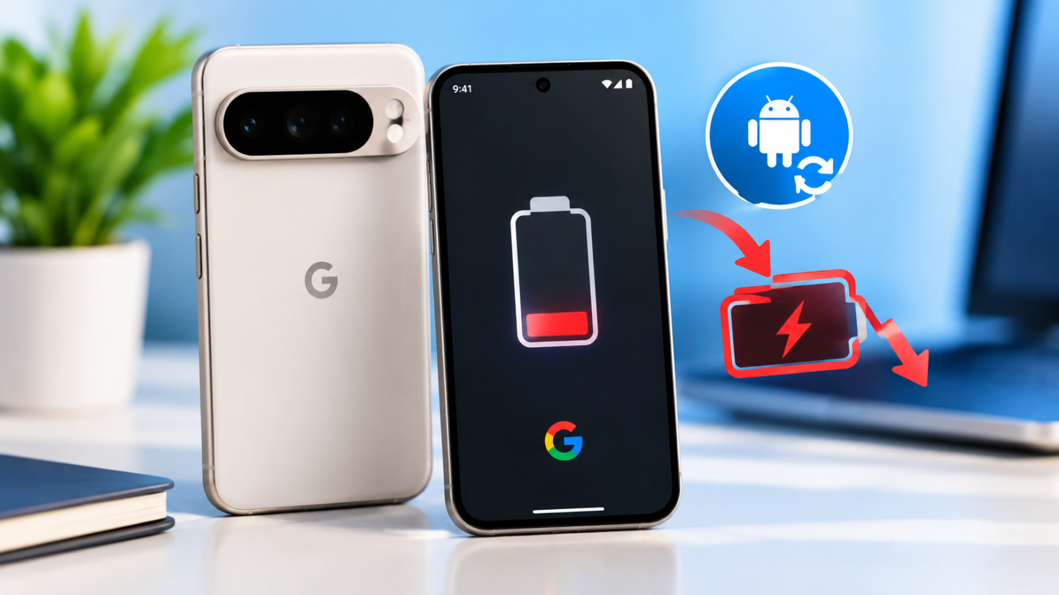 A Pixel phone with a low battery graphic on screen sits next to an Android update icon pointing to a draining battery.