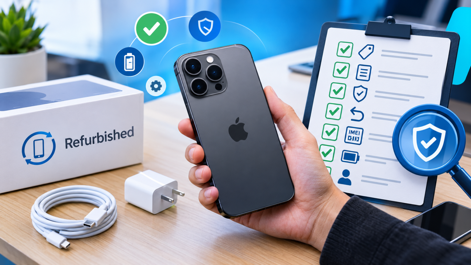 How to Spot a Fake “New” Refurbished Phone A person holding a refurbished black iPhone next to a checklist, charging cable, wall adapter, and box.
