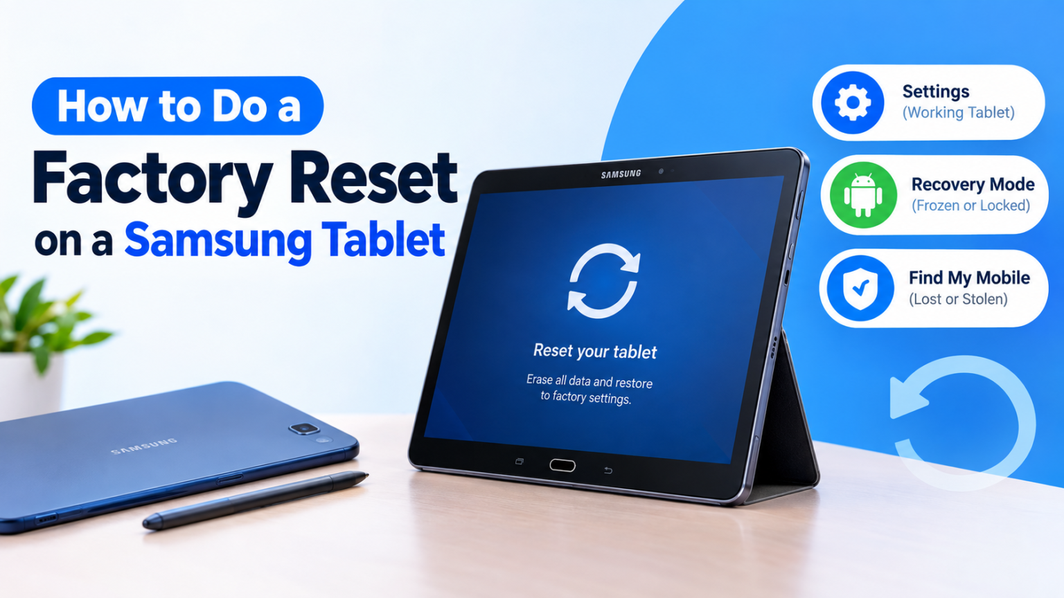 How to do a Factory Reset on a Samsung Tablet A tutorial video thumbnail titled "How to Do a Factory Reset on a Samsung Tablet" featuring two blue tablets.