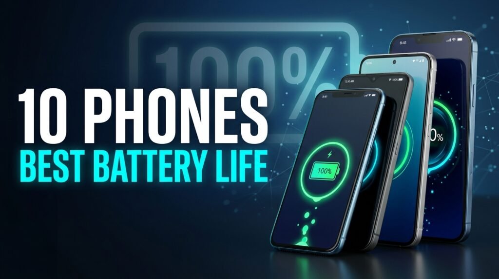 10 Phones With the Best Battery Life Now Six smartphones displaying battery percentages next to "10 Phones Best Battery Life" text.