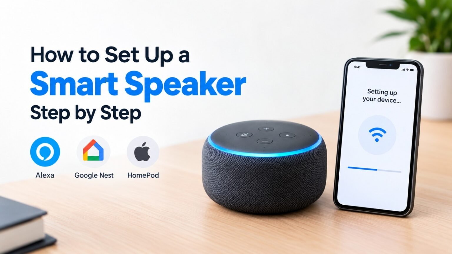 A digital infographic graphic titled "How to Set Up a Smart Speaker: Step by Step." The left side features the brand logos for Amazon Alexa, Google Nest, and Apple HomePod. The right side shows a physical 3rd-generation Amazon Echo Dot speaker glowing with a blue light ring sitting on a light wooden table next to a smartphone displaying a "Setting up your device..." progress screen.