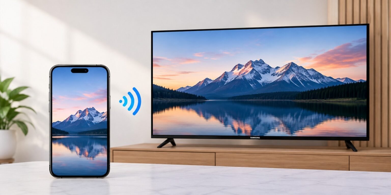Can You Connect an iPhone to a Samsung Smart TV? A smartphone displaying a scenic mountain landscape stands upright on a marble table, broadcasting a wireless signal to a large Samsung television in the background that mirrors the exact same image.