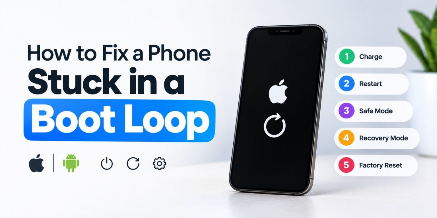 How to Fix a Phone Stuck in a Boot Loop An image titled "How to Fix a Phone Stuck in a Boot Loop" with an iPhone in the center showing an Apple logo and a loading icon. On the right side of the screen, a numbered list from 1 to 5 outlines troubleshooting steps: 1. Charge 2. Restart 3. Safe Mode 4. Recovery Mode 5. Factory Reset Small icons for Apple, Android, power, refresh, and settings appear in the bottom-left corner against a clean white background.