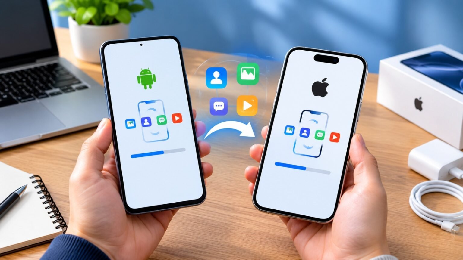 How to Set Up a New Phone in 10 Minutes An illustration showing data transfer between an Android smartphone and an Apple iPhone. Two hands hold the phones side by side on a wooden desk, with an Android logo on the left screen and an Apple logo on the right screen. Both displays show a data migration progress bar, while floating icons for contacts, messages, photos, and media hover between them, accompanied by a curved arrow indicating the transfer direction.