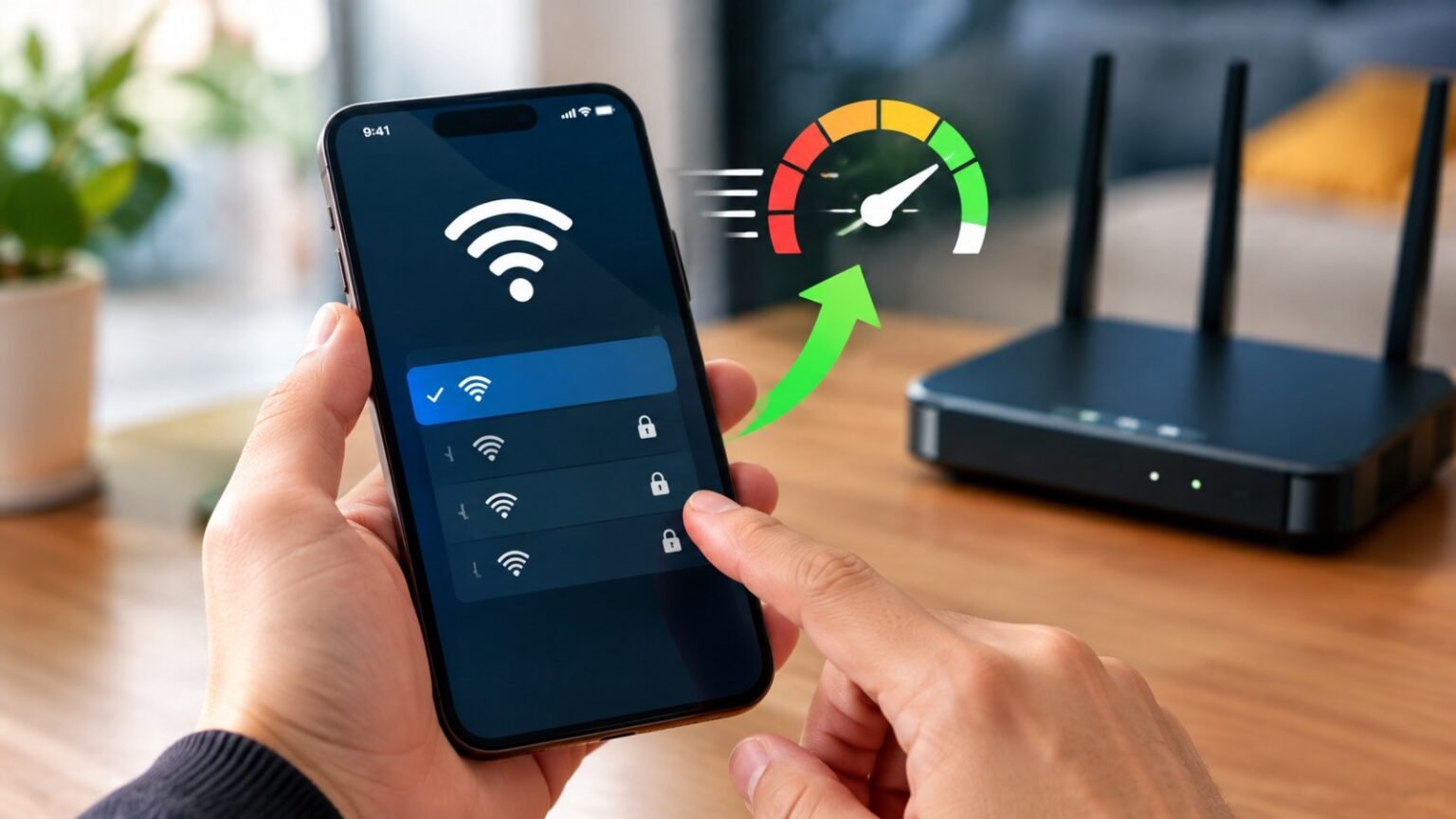 A person holds a smartphone showing a Wi-Fi settings menu with several available networks, while their other hand points toward the screen. An arrow graphics curves from the phone toward a Wi-Fi router in the background, pointing to a colorful speedometer icon that indicates a fast internet speed. The entire scene is set on a wooden table.