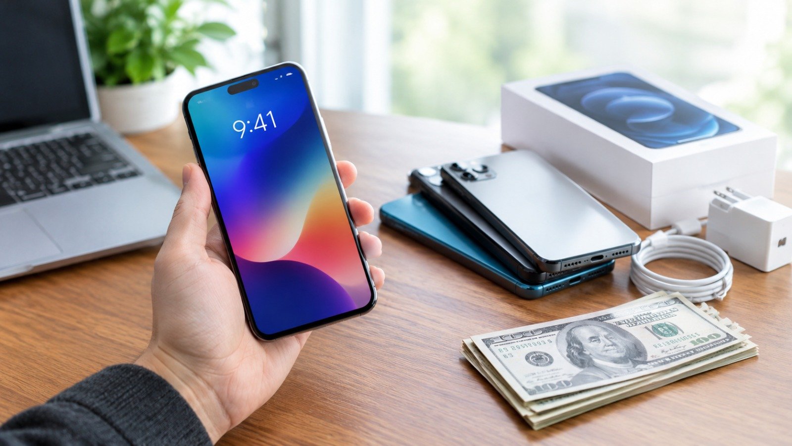 A close-up shot of a hand holding a modern smartphone with a vibrant colorful wallpaper displaying the time 9:41 on a desk. On the wooden surface in the background, there is a stack of other smartphones, an electronics product box, a white charging cable, a power adapter, a laptop, and a small stack of one hundred dollar bills.