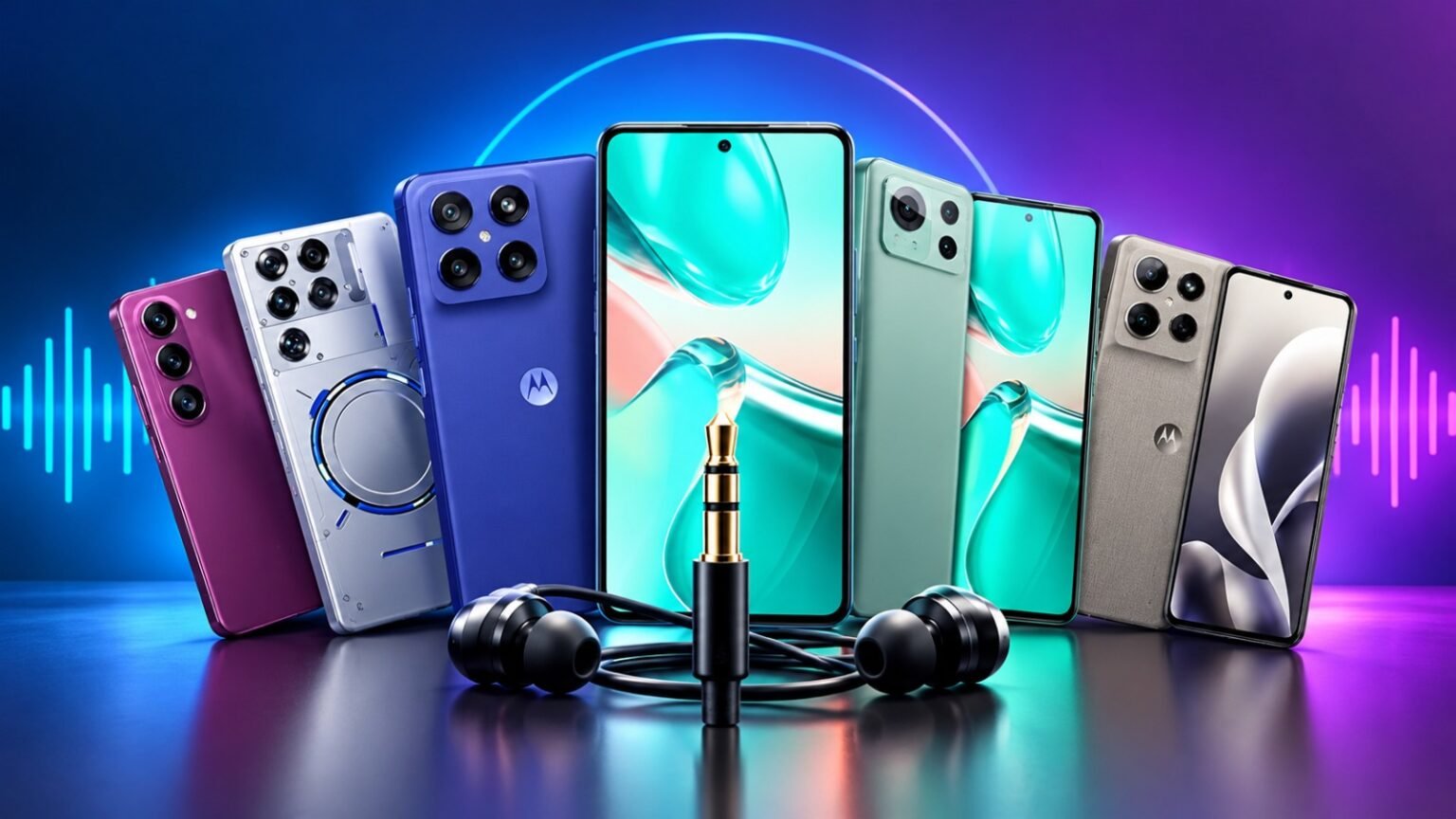 6 Best Phones That Still Have a Headphone Jack in 2026 A line of modern smartphones in various vibrant colors stands arranged in a subtle arc against a glowing purple, blue, and pink neon backdrop.