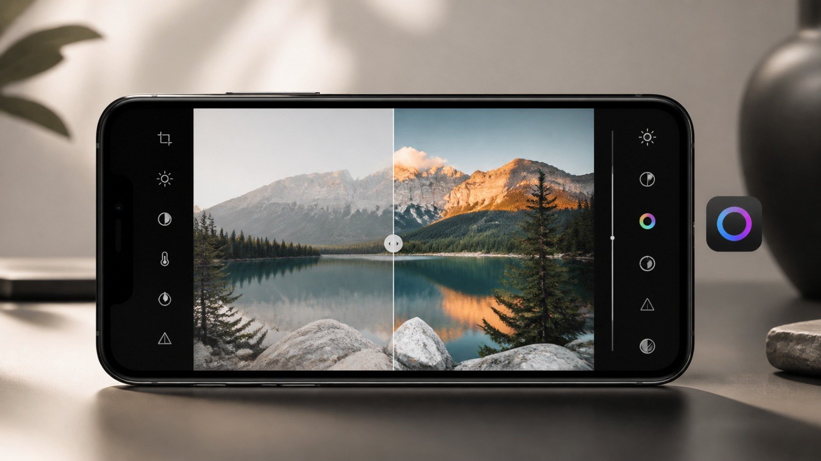A smartphone lies horizontally on a table, displaying a side-by-side comparison of a landscape photo featuring a lake and mountains. A vertical slider sits in the center of the screen, separating a cooler, muted version of the image on the left from a warmer, more vibrant edit on the right. A specialized editing tool icon is visible next to the phone.